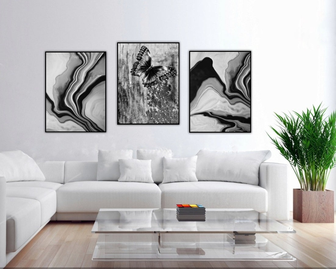 Färdigt tavelpaket "Abstrakt konst Svart/Vit Fjäril"