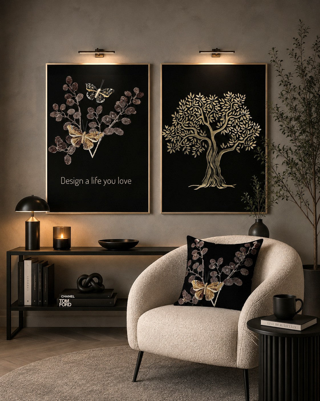 Kuddfodral "Flying"Butterflies" Svart/Guld