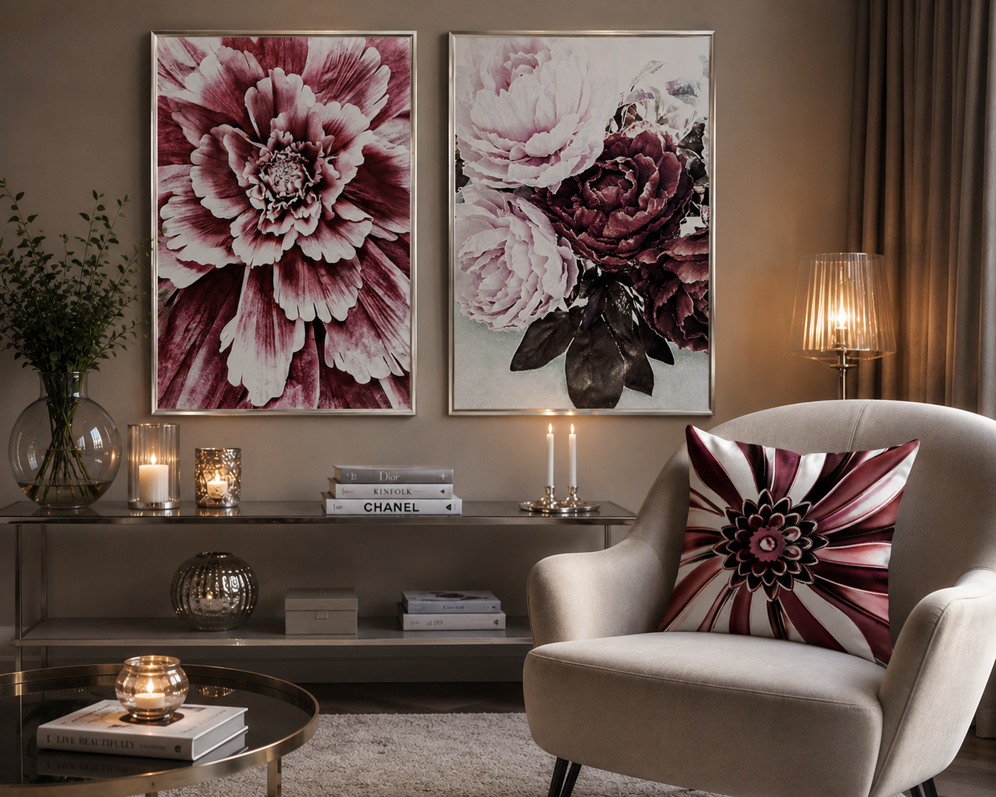 Färdigt tavelpaket med matchat kuddfodral "Flower Explosion" Vinröd